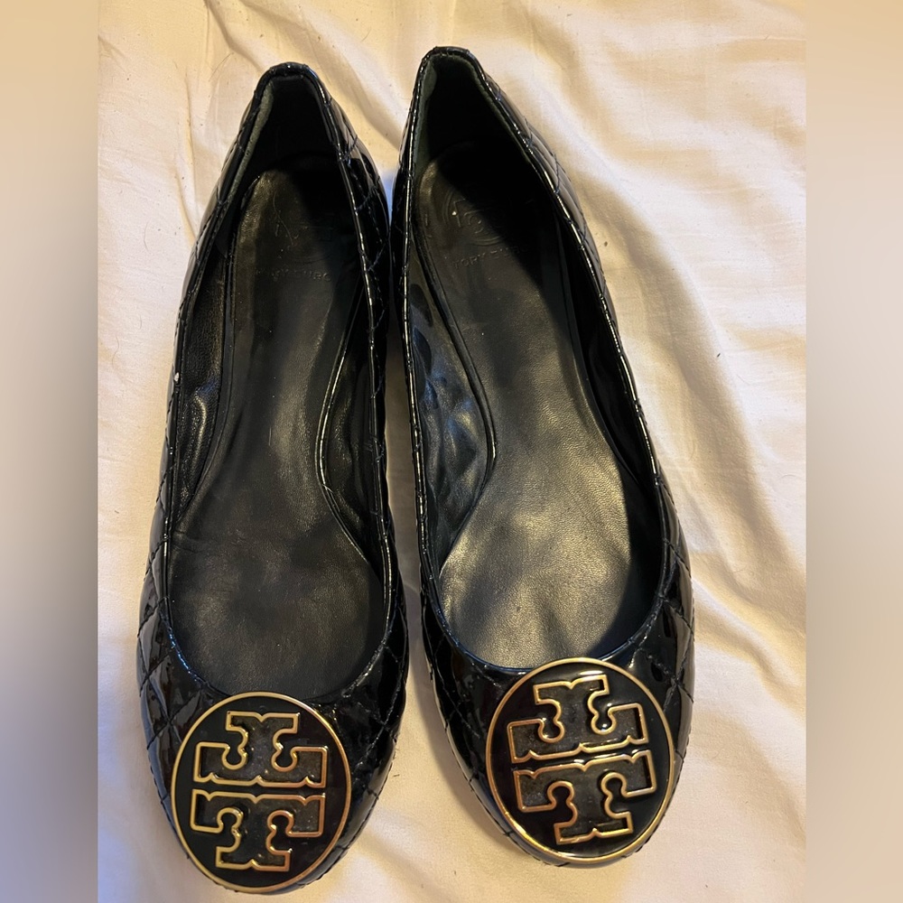 VGUC Tory Burch Black Quilted Skin Flats Reva Sz 8.5